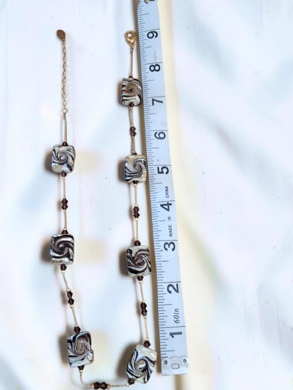Alexis K Art Glass 18” Necklace  Black, Brown & White with Bits of Metallic Gold - Picture 4 of 5
